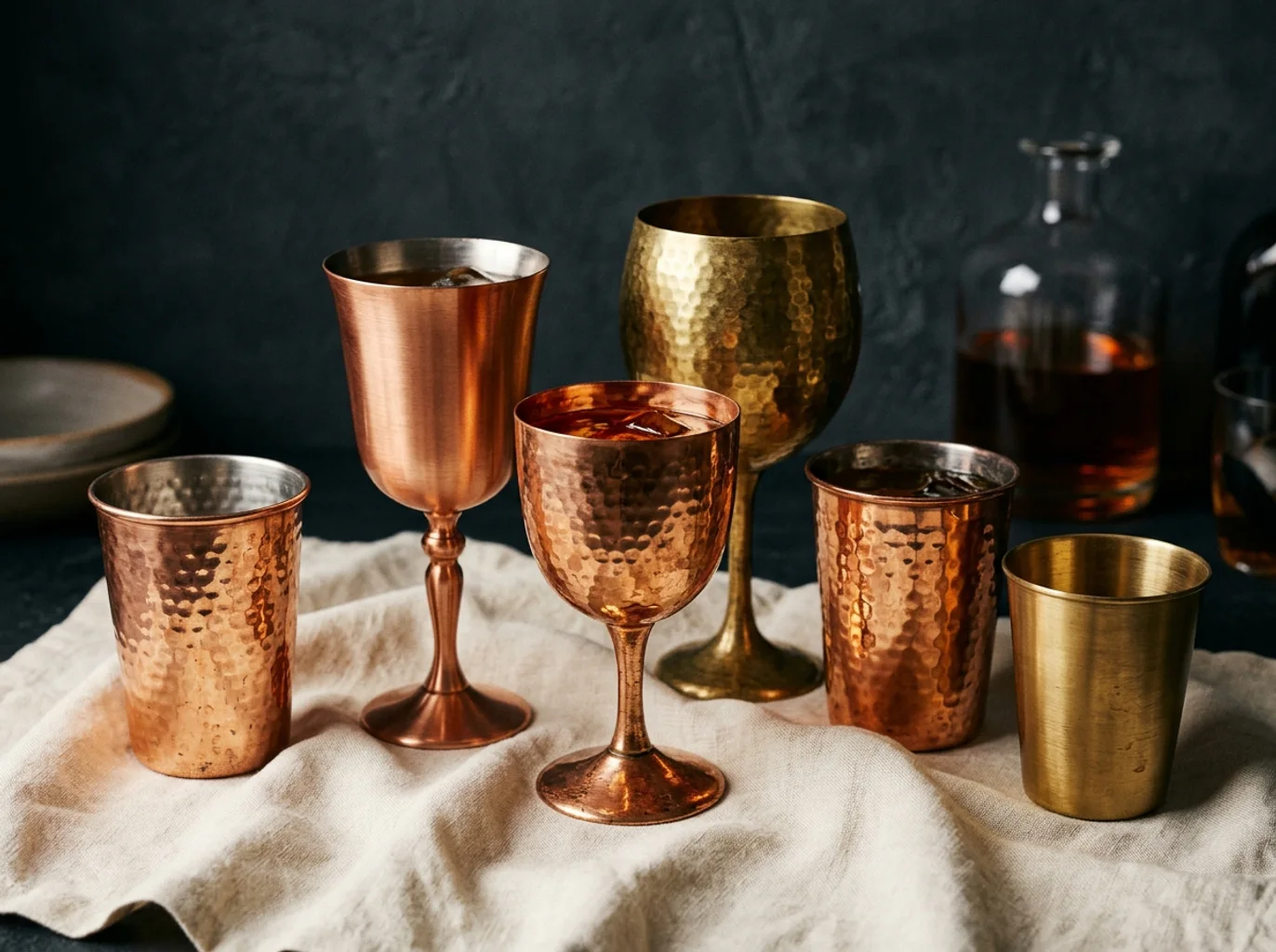 Copper and brass drinkware with brushed and hammered textures