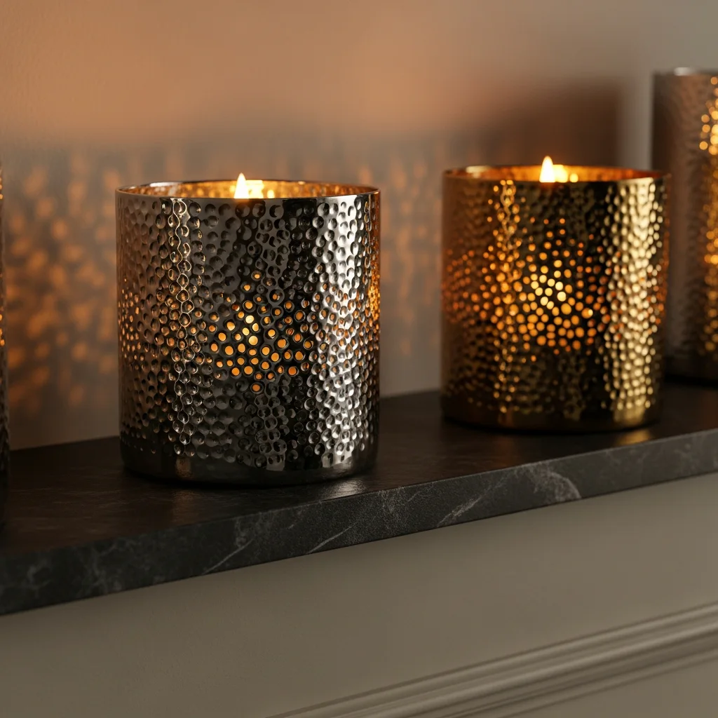 Silver and brass candle holders with hammered metal texture